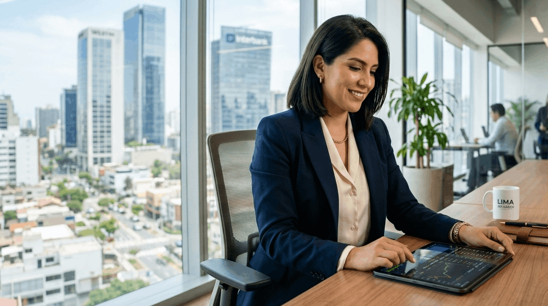A professional Peruvian man in his early 30s, modern office setting in Lima, wearing a smart-casual blazer, looking confidently at a laptop displaying financial stock charts and positive growth trends. Modern minimalist office design